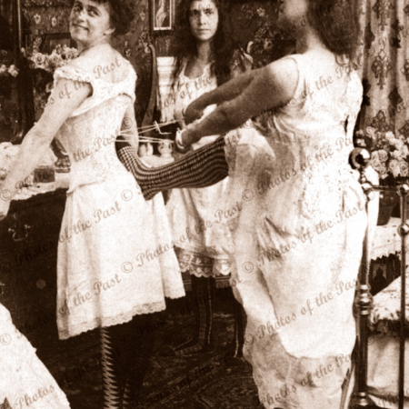 Tightening the stays - to the limit! women underwear corset bedroom 1907