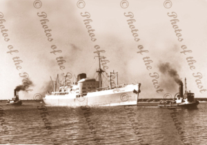 MV PORT BRISBANE 1st visit Port Adelaide. Tugs WATO (L) & YELTA South Australia c1950s steam ship