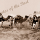 Three camels and their riders at Lake Callabonna SA South Australia