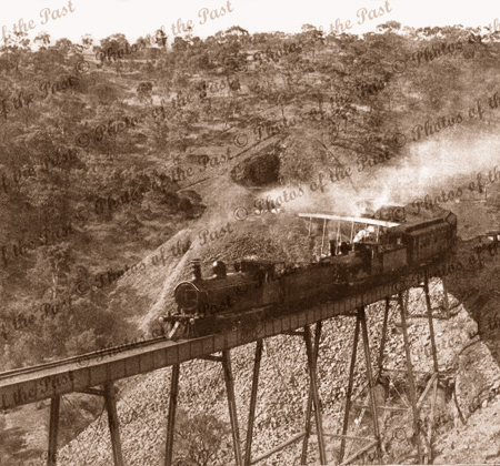 Train going over Sleep's Hill Viaduct, Eden Hills SA, South Australia 1919