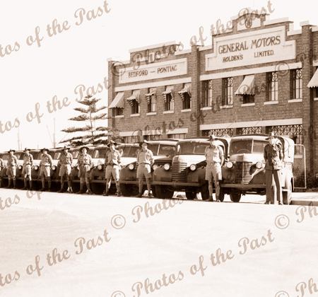 Army vehicles ready for delivery.Gen Motors Holden, Birkenhead, SA South Australia c 1940s
