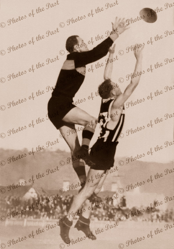Sturt Captain 'Bo' Morton marking over Port Adelaide's Basil Bampton, SA 29 June 1940. South Australia. Football
