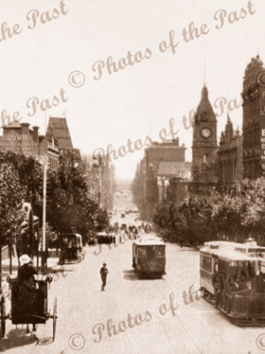 Collins St,Melbourne,Vic.Looking west from Russell St. Victoria c1890s, trams, carriages