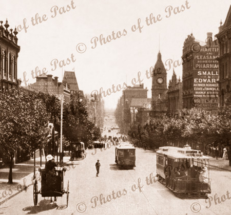 Collins St,Melbourne,Vic.Looking west from Russell St. Victoria c1890s, trams, carriages
