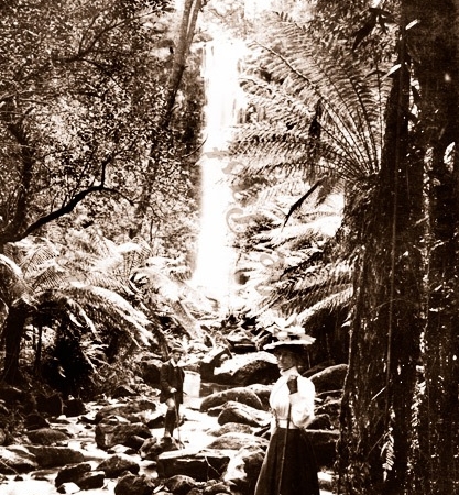 The Erskine Falls at Lorne, Vic. ex George Rose Stereo. Victoria. Woman. Great Ocean Road c1900s