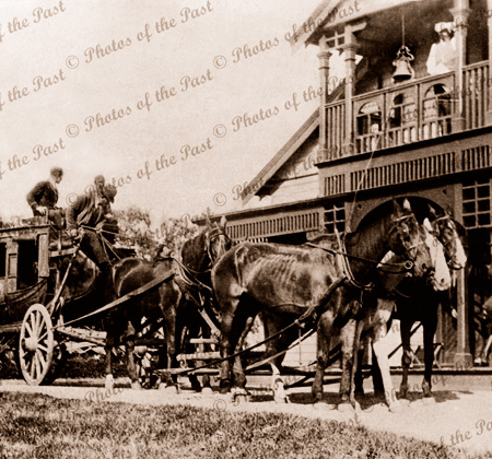 Cobb & Co coach at Anglesea Hotel, Vic.Victoria Great Ocean Road 1908 horses. Driver Anthony Rowley.