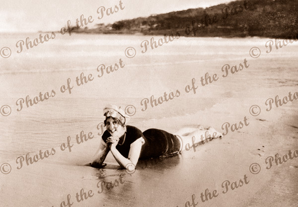 In the shallows. A bathing beauty at Lorne, Vic.1919. Great Ocean Road