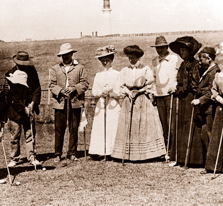 A game of golf on the river flats. Noble & McMullan families. Aireys Inlet, Vic. 1909. Victoria. Great Ocean Road. Splitpoint Lighthouse
