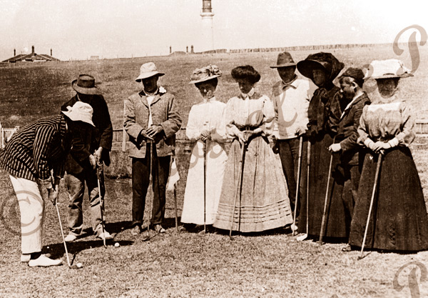 A game of golf on the river flats. Noble & McMullan families. Aireys Inlet, Vic. 1909. Victoria. Great Ocean Road. Splitpoint Lighthouse