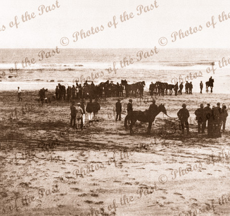Horse racing on beach at Aireys Inlet, Vic. Winning Airey's Cup. Victoria. 1912