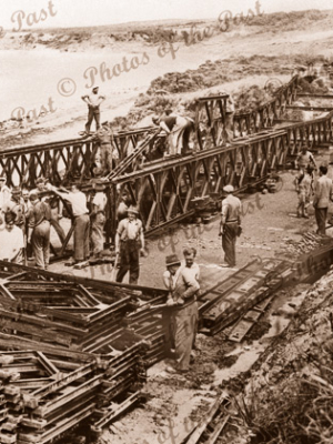 Temporary 'Bailey' bridge being erected Hutt Gully near Anglesea, Vic.1953. Great Ocean Road. Victoria.