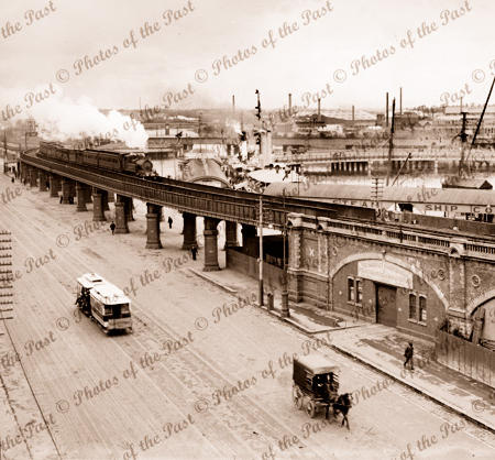 Flinders Street Melbourne, looking east to railway bridge with train. Vic. c1900. Victoria. tram, horse and carriage