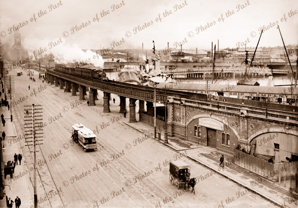 Flinders Street Melbourne, looking east to railway bridge with train. Vic. c1900. Victoria. tram, horse and carriage