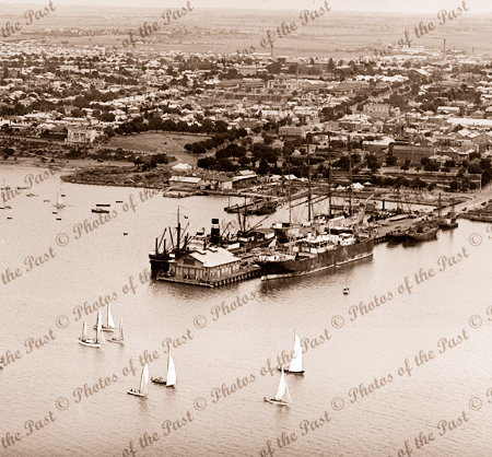 Aerial view across Yarra Pier to Geelong township, Vic. Victoria 1930s ships