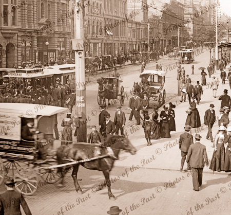 Collins Street, Melbourne from corner of Elizabeth Street, Vic.1912 Victoria. Horse and carriage, people