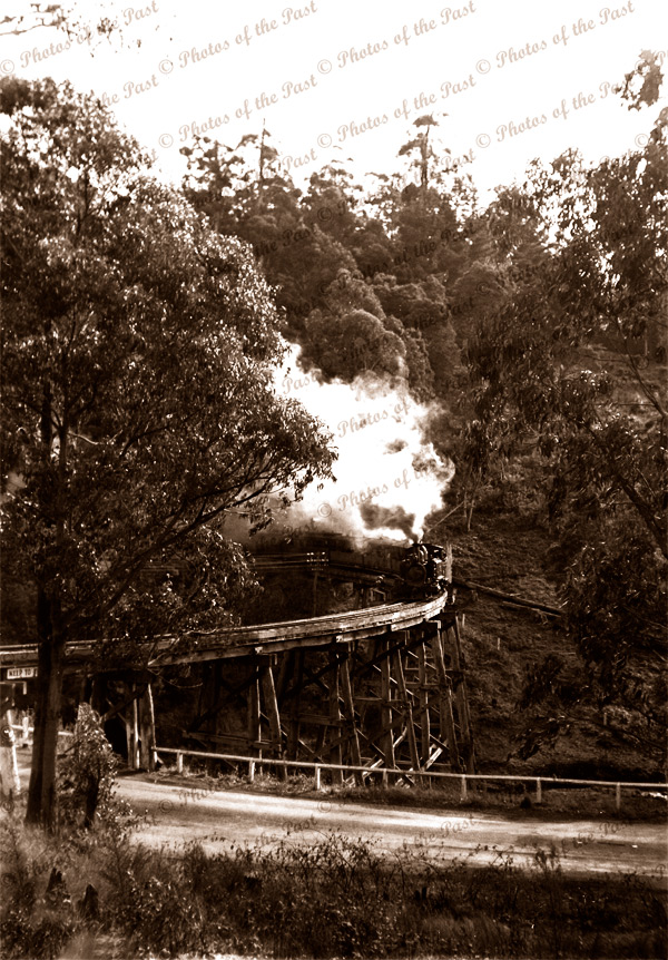Puffing Billy train on #5 trestle bridge between Belgrave & Selby. Vic.Victoria. Train. c1930