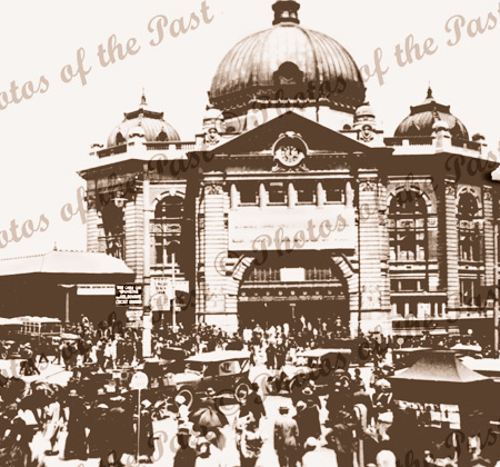 Flinders Street Railway Station, Melbourne Vic.Victoria c 1920s. Cars. Trams