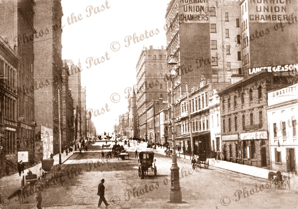 Queen St,Melbourne,Vic.Looking North from Flinders St. Victoria. Horse and carriage.1890s