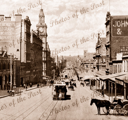 Bourke Street, Melbourne. Looking east, GPO on left, Vic.Victoria. c 1890s. Horse and carriage. Trams