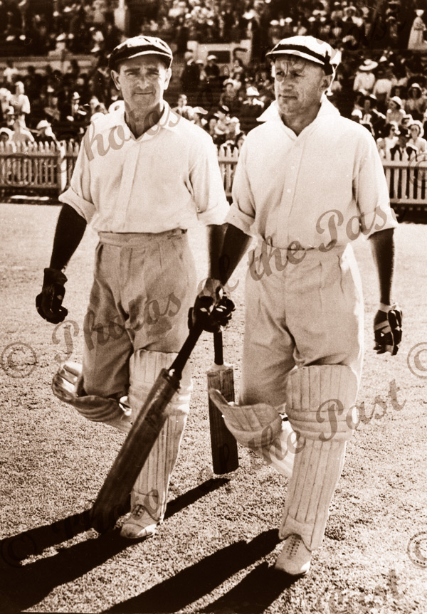 Sid Barnes & Don Bradman walking in to bat c1940s. Australian cricket team.