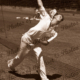 Australian cricketer, Keith Miller bowling in nets. c1940s