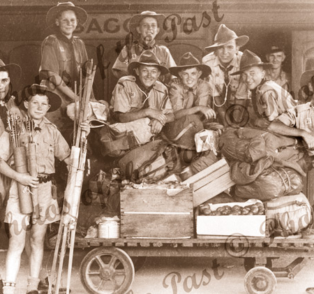 Boy Scouts with their gear Adelaide Railway Stn. SA. enroute to Mt Crawford