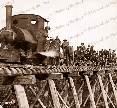 Walhalla Rail Line and workers, Vic.c1900. Victoria. Steam engine. Bridge
