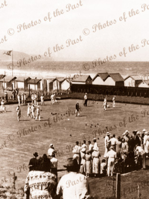 Bowling Green & bathing boxes at Lorne, Vic. c1920s. Lawn bowls. Great Ocean Road. Victoria