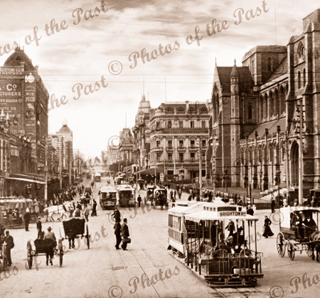 Swanston St,Melbourne,Vic.,looking north from Flinders St. c1890s trams, horse and carriage. Victoria
