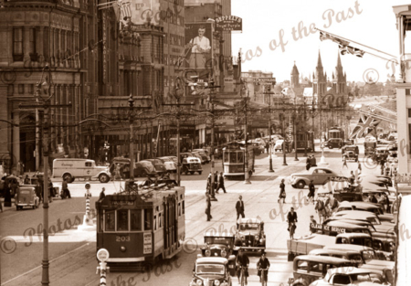 King William St, Adelaide, SA. c 1940s. South Australia. Cars, trams