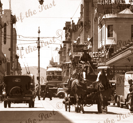 Rundle St. Adelaide, SA. c1940s. South Australia. Cars, horse and carriage, bus, bicycle