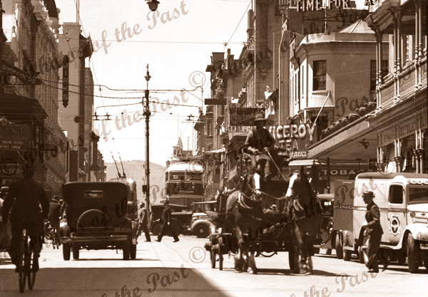 Rundle St. Adelaide, SA. c1940s. South Australia. Cars, horse and carriage, bus, bicycle