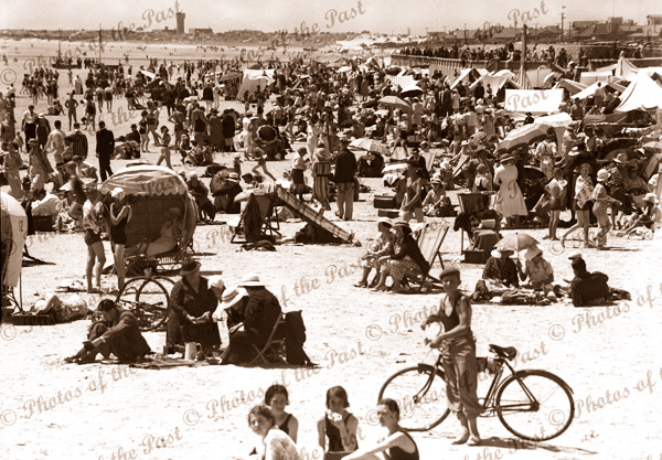 Glenelg foreshore, looking north from Augusta St, SA. Dec 1933. South Australia, beach, bicycle