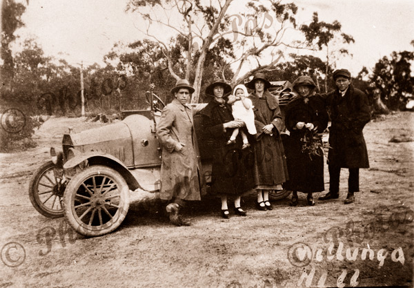 A rest at the top. Willunga Hill, SA (old car). c1920. South Australia