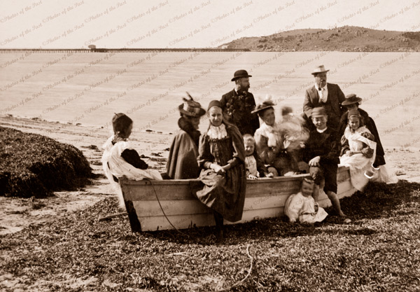 Family group on foreshore, Port Victor, SA. c1890s. Boat. South Australia.