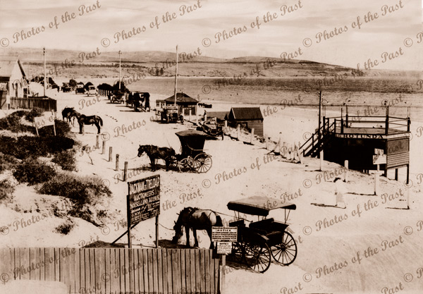 Brighton SA, c1910s. Horse and cart. Beach. South Australia. Beach shelters.