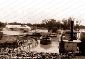 High river at Waikerie SA with PS MERLE Sept 1917 riverboat. South Australia