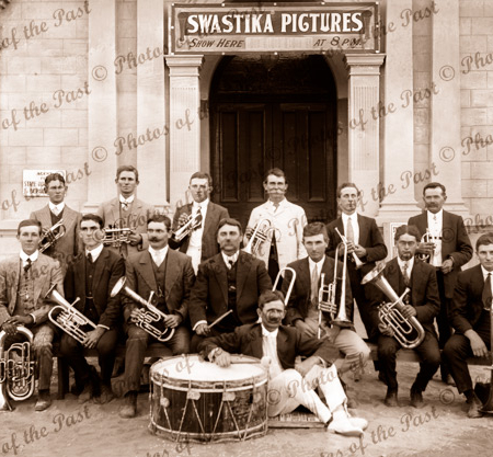 Town band & Swasticka Theatre, Renmark, SA, 1890s. South Australia. music