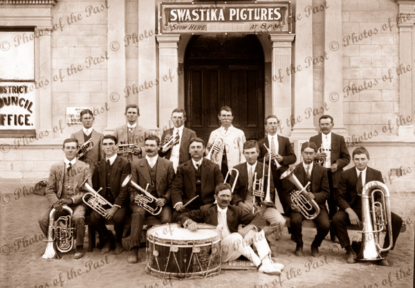 Town band & Swasticka Theatre, Renmark, SA, 1890s. South Australia. music