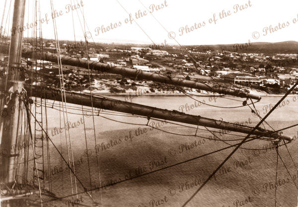 Port Lincoln, SA. View through spars of a sailing ship. c1930s. shipping