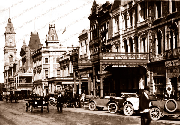 King William St, Adelaide, SA. Abassadors Hotel.(United Service Club). 1920s. Cars. South Australia.