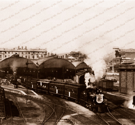 Adelaide Railway Station with steam trains From Morphette Bridge, SA. c1910. South Australia.