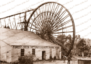 Garfield water wheel on Forest Creek, Castlemaine Goldfields, Vic.Victoria. c1900