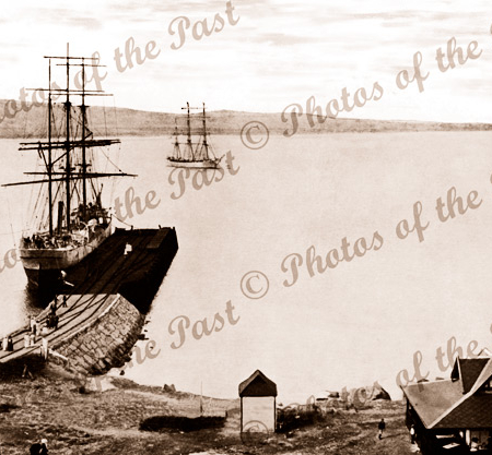 Loading grain at Victor Harbor, SA. Kiosk RHS. 1881. South Australia. Shipping