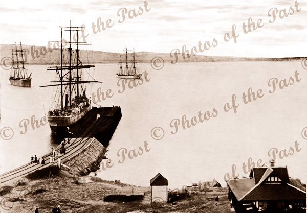 Loading grain at Victor Harbor, SA. Kiosk RHS. 1881. South Australia. Shipping