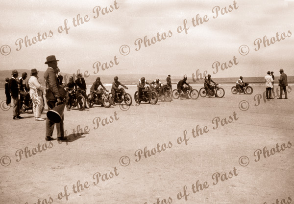 Sellicks Beach Motor Bike trials, SA. At the start. c1925. South Australia. Racing