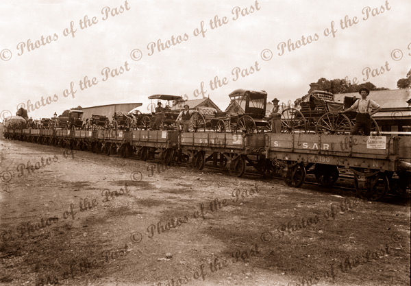 TJ Richards carriages at Mitcham Railway Station, SA. (all carriages) c1903. South Australia