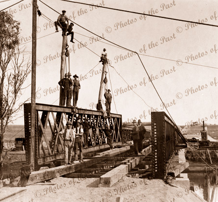 Construction of original railway bridge, Onkaparinga River, SA. 1914. South Australia