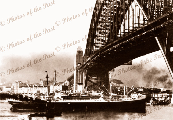 SS TOSCANA at Sydney, c1950s. New South Wales. Sydney Habour Bridge. Shipping