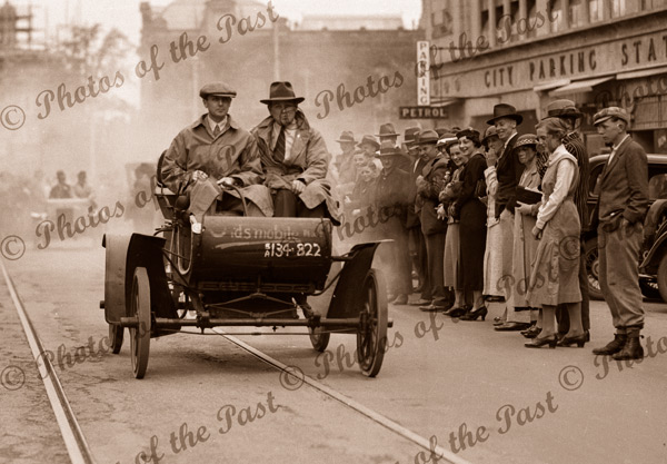 In our Merry Oldsmobile, North Terrace, Adelaide, SA. Old car rally. South Australia. c1935